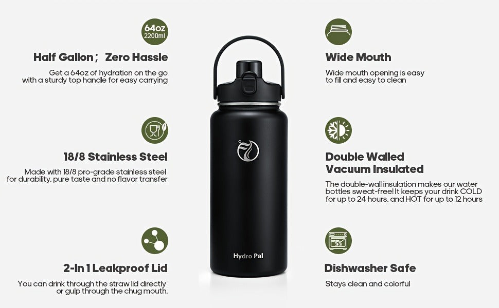 40oz HydroPal Water Bottle with Separate Straw and Chug Lids, Two Straws and 12 Color or Pattern Options