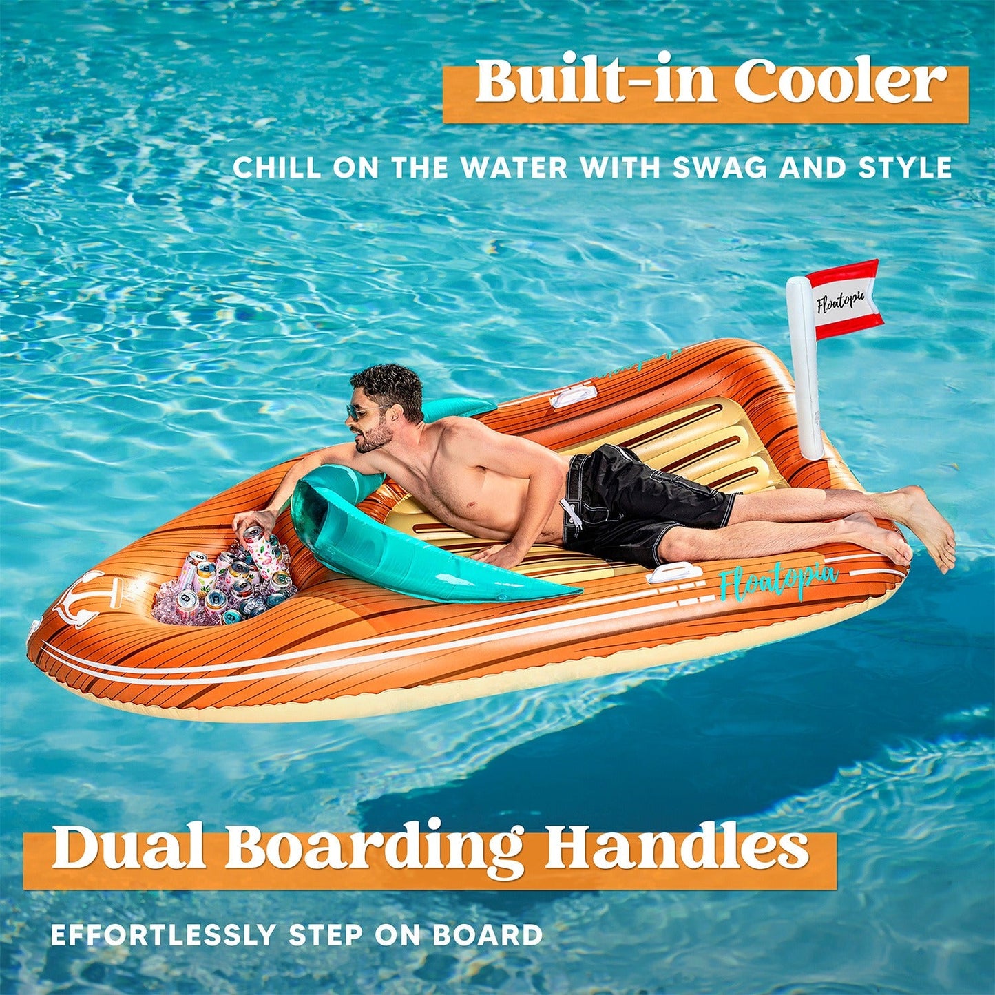 Giant Inflatable Boat Pool Float with Cooler | 8-Foot 2-Person Raft Lounge Float for Pool Beach Lake Summer Party