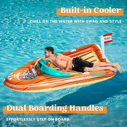 Giant Inflatable Boat Pool Float with Cooler | 8-Foot 2-Person Raft Lounge Float for Pool Beach Lake Summer Party