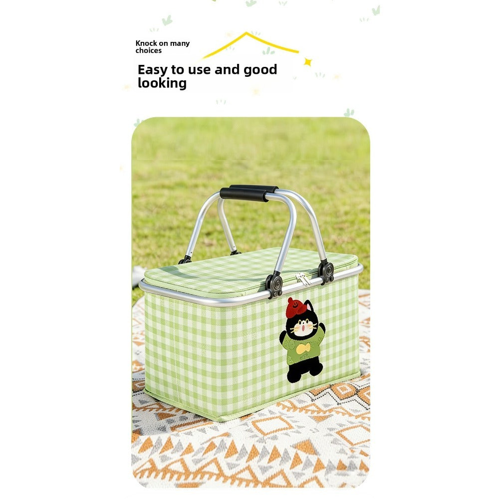 Aluminum-Frame Picnic Basket in Four Exact Fried-Egg, Kitten, Rabbit and Cherry Pattern Options