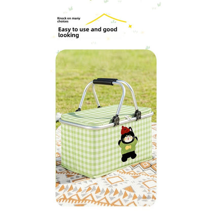 Aluminum-Frame Picnic Basket in Four Exact Fried-Egg, Kitten, Rabbit and Cherry Pattern Options