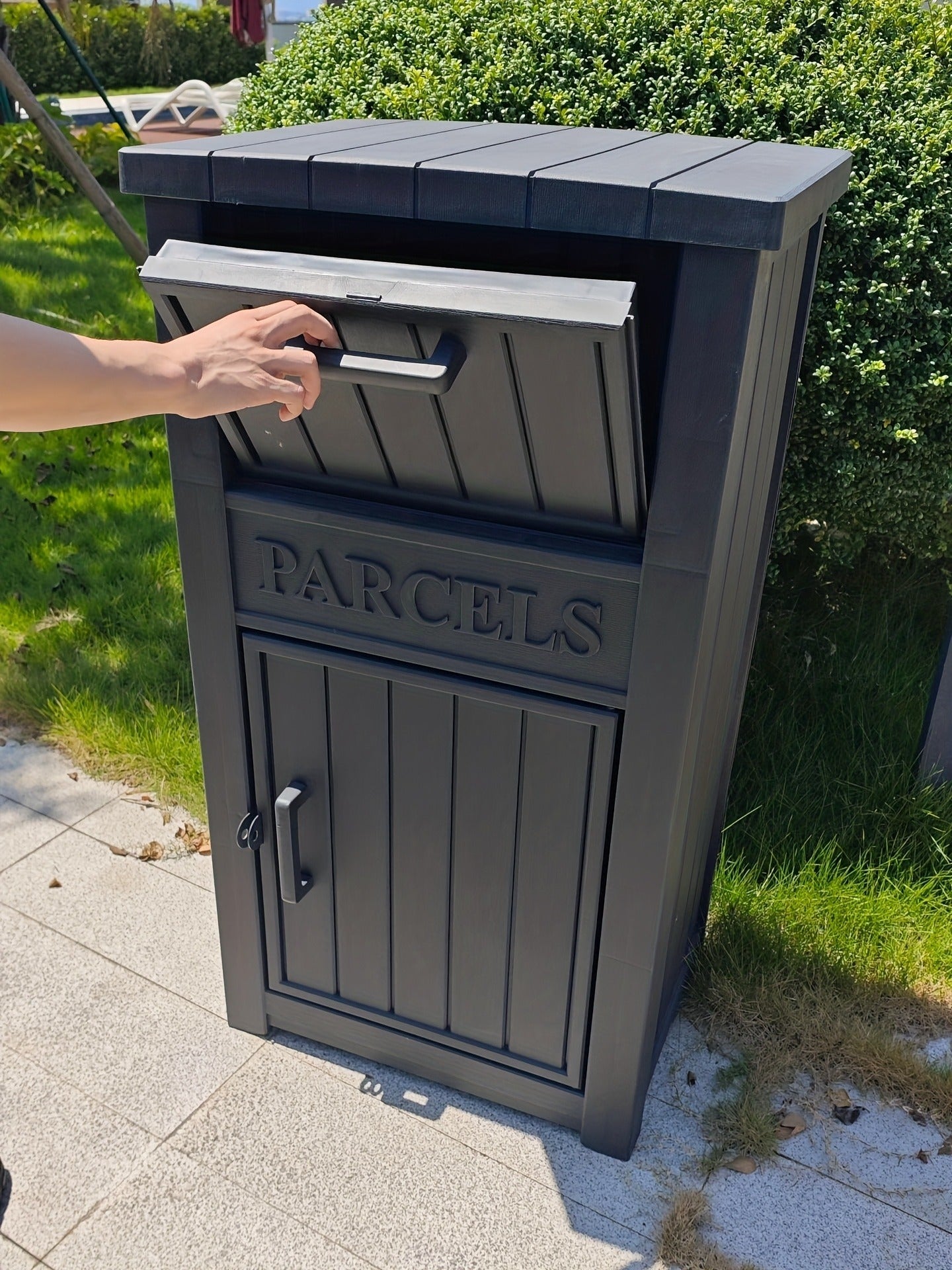 Lockable Outdoor Storage Box weather-ready Package Delivery Porch with 2 Exact Source Checkout Options