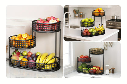 Three-Tier Black Wire Fruit Basket with Staggered Round Bowls and Rectangular Countertop Base