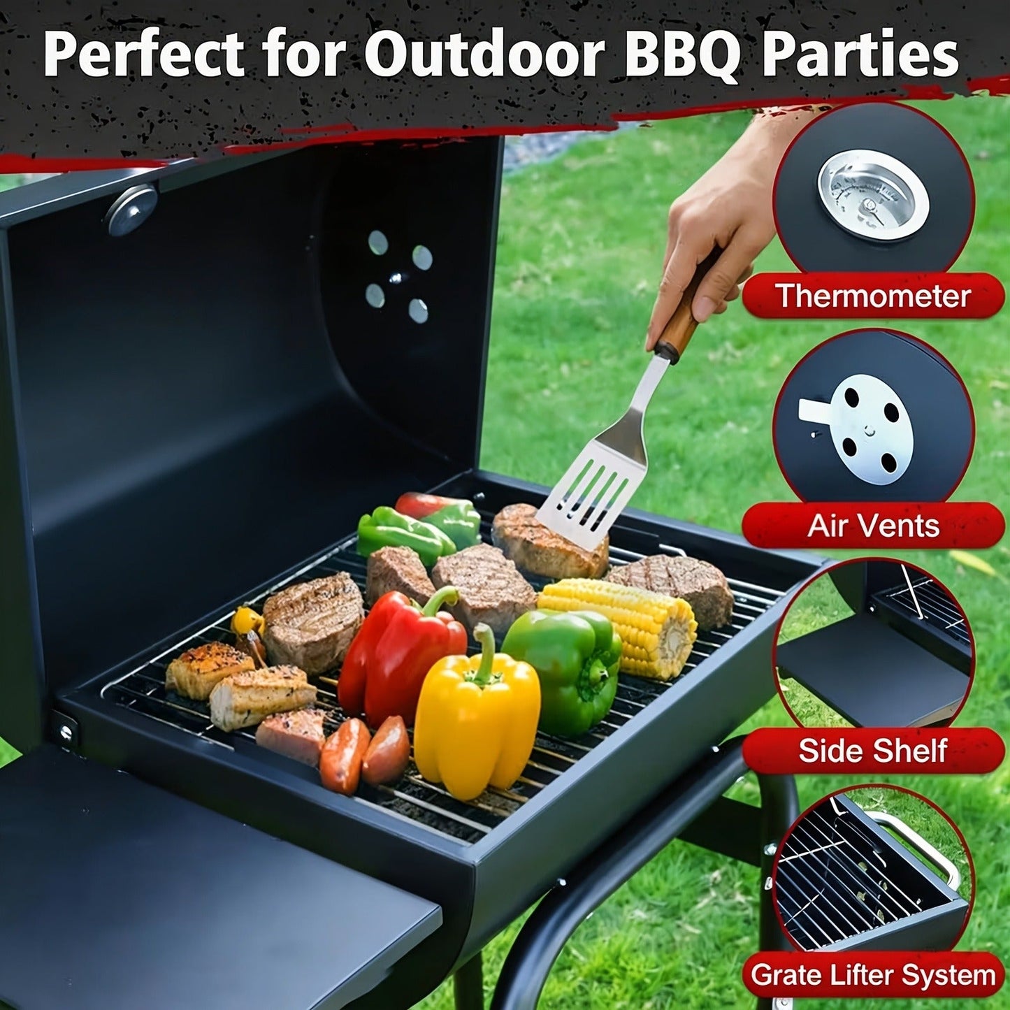 Charcoal Grill with Offset Smoker, Barrel BBQ Smoker Grill Combo for Backyard & Patio, Heavy-Duty Outdoor Charcoal Smoker with Side Firebox for Smoking, Grilling & BBQ Parties