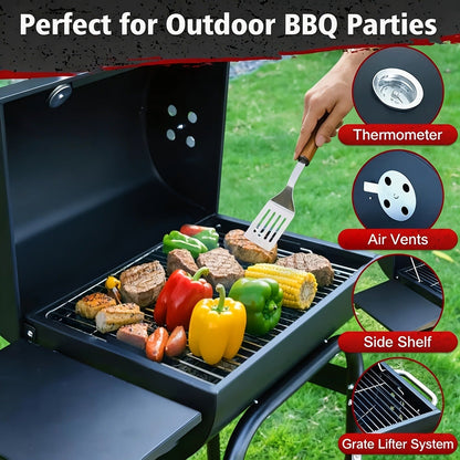 Charcoal Grill with Offset Smoker, Barrel BBQ Smoker Grill Combo for Backyard & Patio, Heavy-Duty Outdoor Charcoal Smoker with Side Firebox for Smoking, Grilling & BBQ Parties