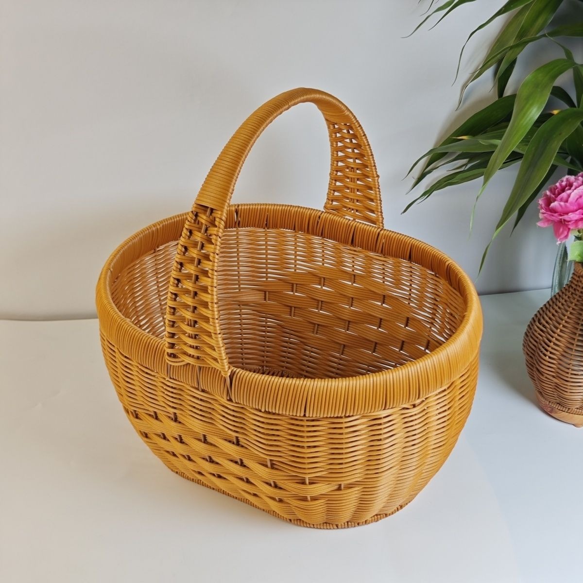 Rattan Basket Woven Shopping Basket with Handle – Extra Large Handcrafted Picnic Basket for Fruits, Eggs, Vegetables, Farmers Market & Shelf Storage, 36×28×20cm