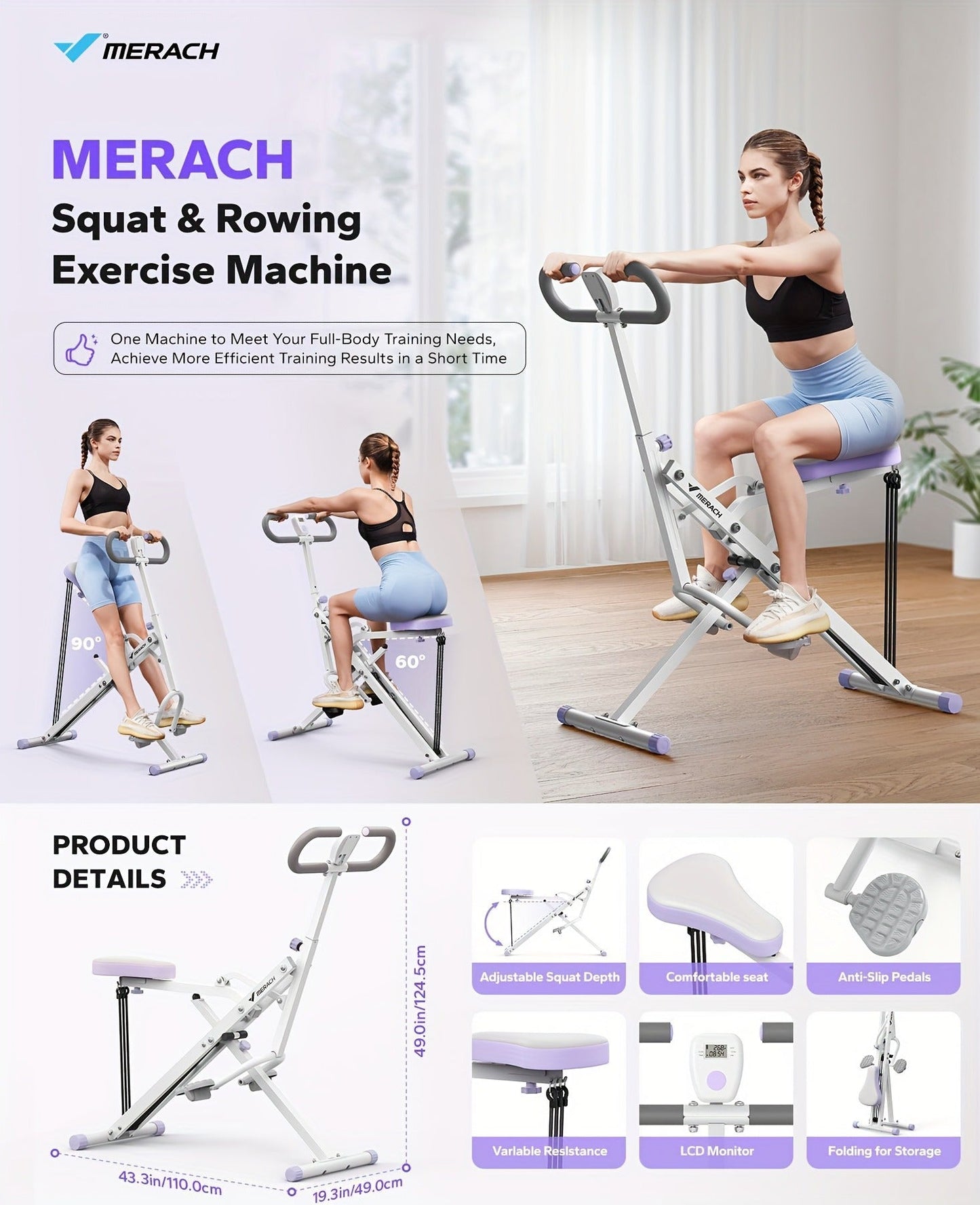 Rowing Machine 2-in-1 Squat & Row – Foldable Glute Trainer with LCD Display, 3 Resistance Bands, 350 lbs Capacity, Home Gym Leg & Back Workout