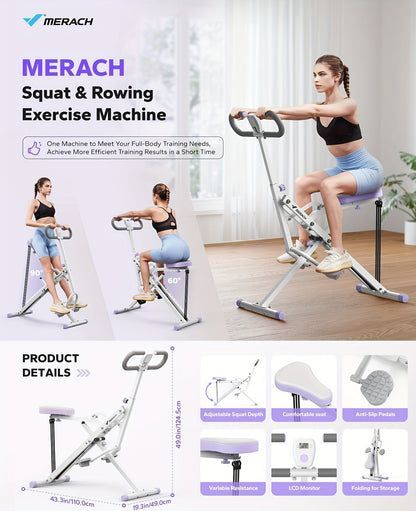 Rowing Machine 2-in-1 Squat & Row – Foldable Glute Trainer with LCD Display, 3 Resistance Bands, 350 lbs Capacity, Home Gym Leg & Back Workout