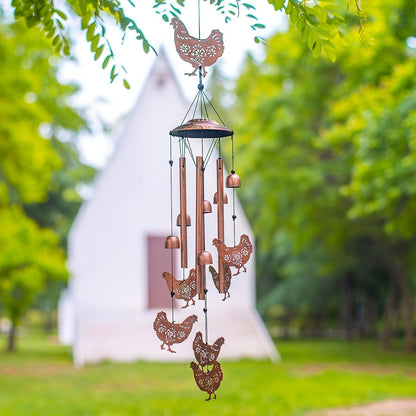 Chicken Wind Chime with Seven Pictured Chicken Shapes, Six Bells and Four Hanging Tubes for Porch or Garden Decor