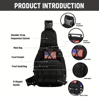 Compact Tactical Sling Backpack with Flag-Patch and Camo Options across Six Complete Checkout Styles