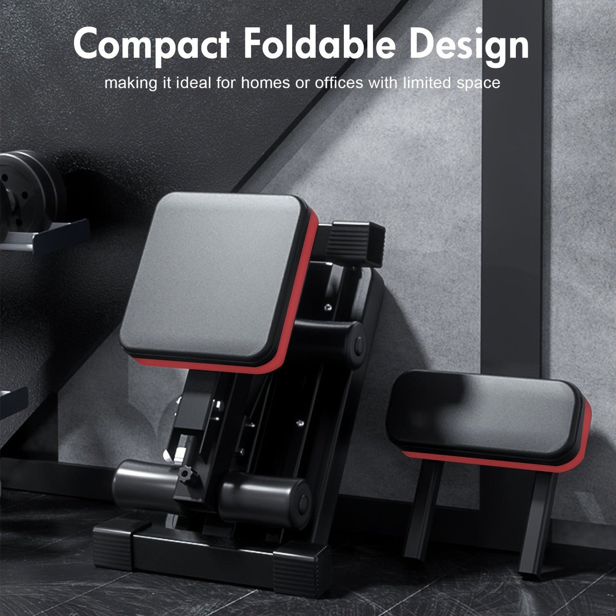 Foldable Adjustable Workout Bench with Black-and-Red Padding, Preacher Curl Pad, Leg Rollers and Resistance Bands