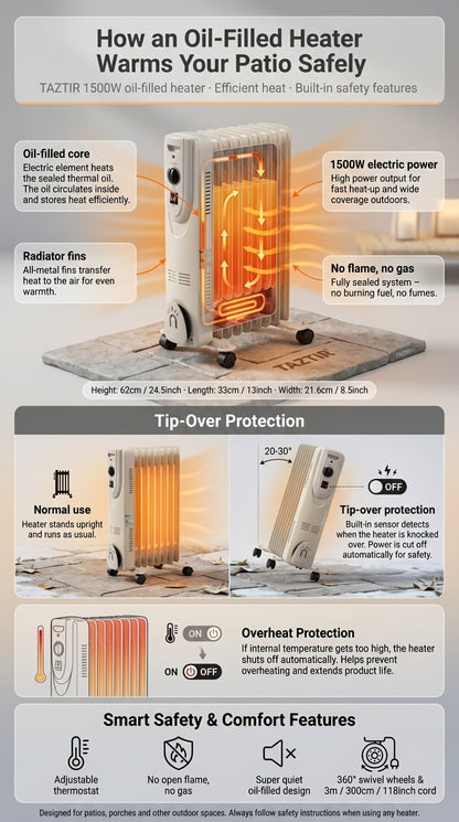 1500W Oil-Filled Radiator Heater with 600W, 900W and 1500W Modes, Thermostat and Caster Wheels