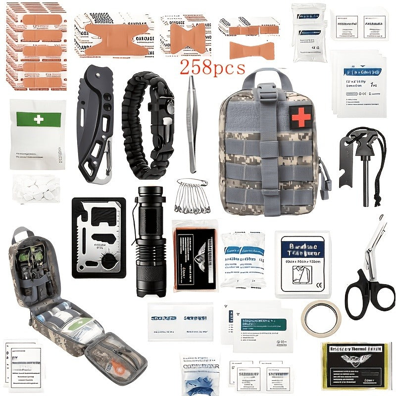Outdoor Survival Gear Set 11/13/258-Piece – Professional Emergency Kit with Fire Starter & Compass | Multi-Tool Outdoor Equipment for Camping, Hiking & Adventure