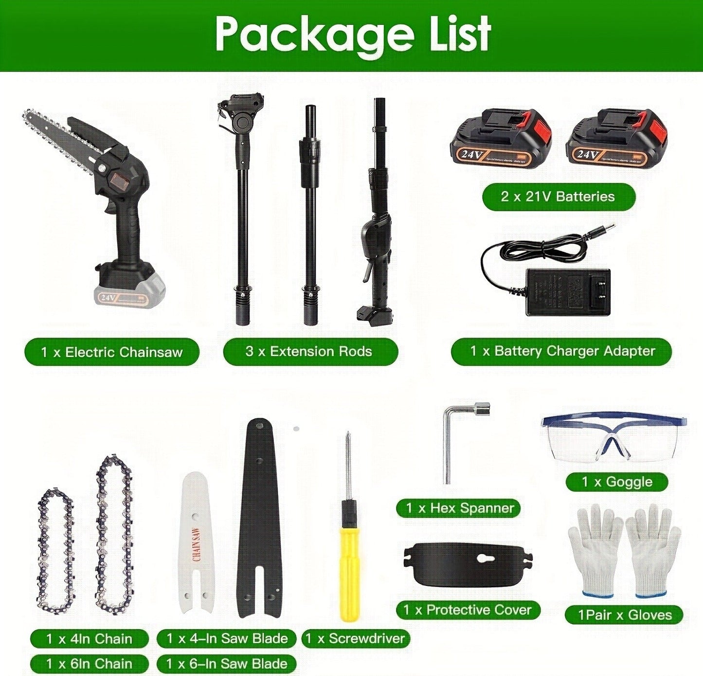 Cordless 4- and 6-Inch Pole Saw with Three Extension Sections, 90° Head, Two Batteries and Two Colors