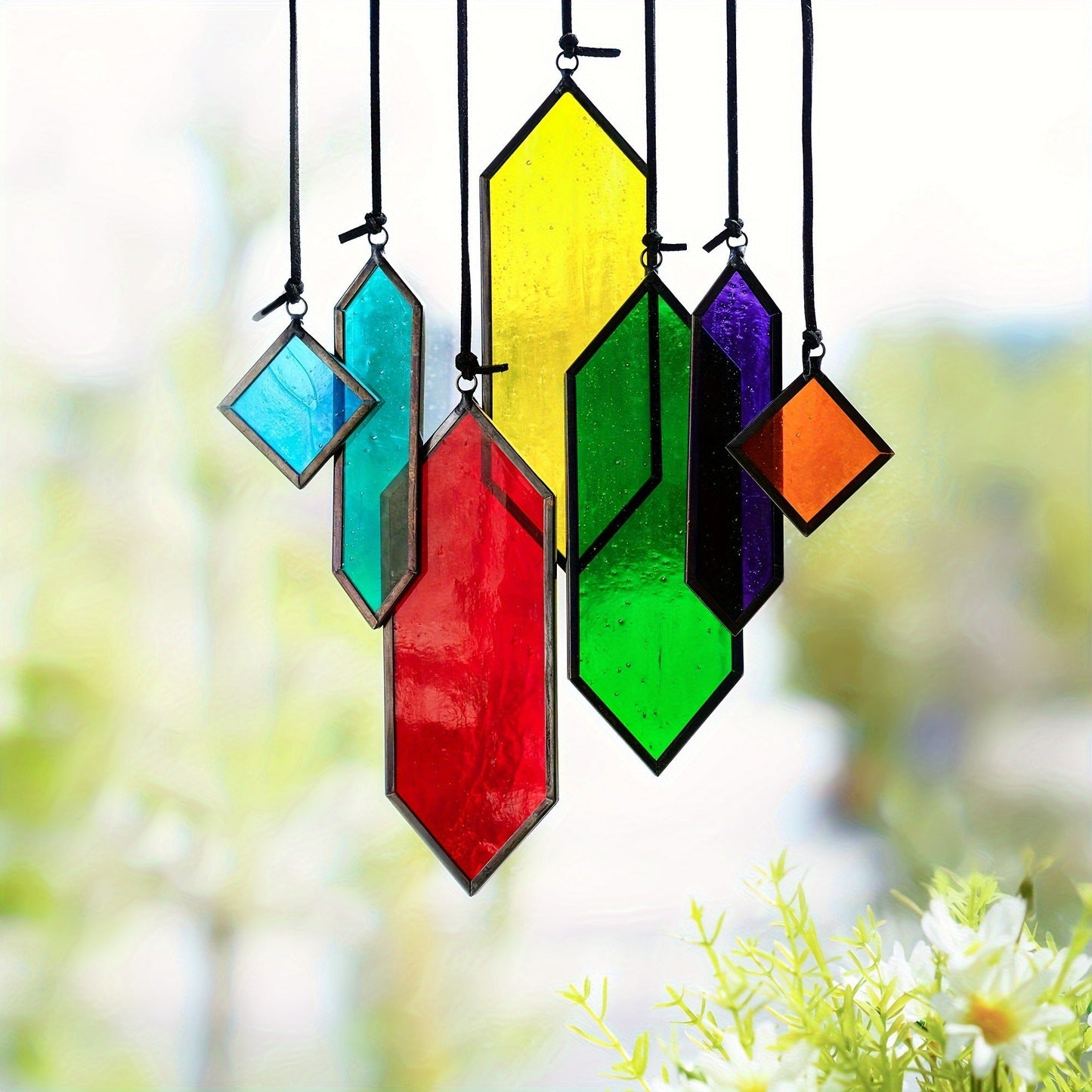 Hanging Geometric Color-Panel Suncatcher Ornament in Multicolor or Blue Checkout Options for Window and Garden Display