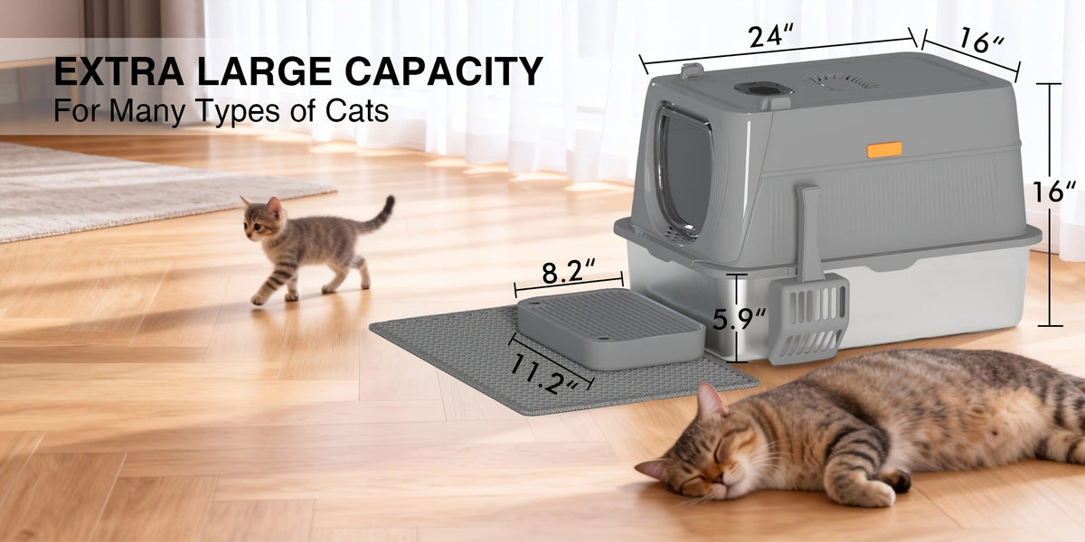 CITYLIFE Cat Litter Box with Stainless Steel Basin, Removable Enclosure, Flap Door, Top Entry, Step and Mat