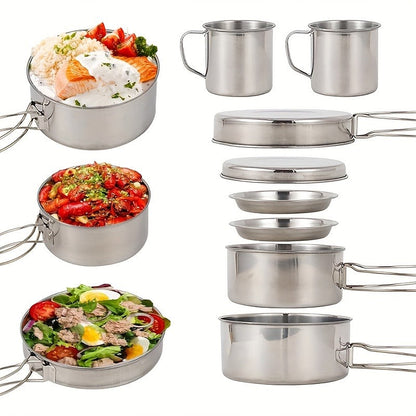 Stainless Steel Camping Cookware Set 8 Piece with Pots Pans Plates Cups and Handles - Lightweight Outdoor Cooking Kit for Camping Hiking Backpacking Open Fire Camp Kitchen Gear