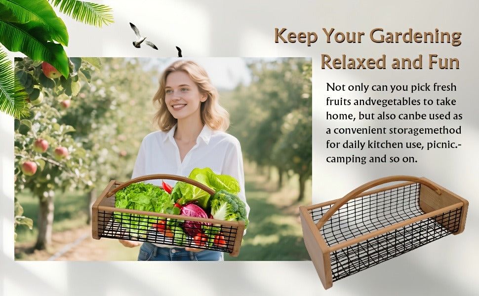 Garden Harvest Basket with Metal Mesh Body, Wooden Ends, Carry Handle and Small or Large Black Options