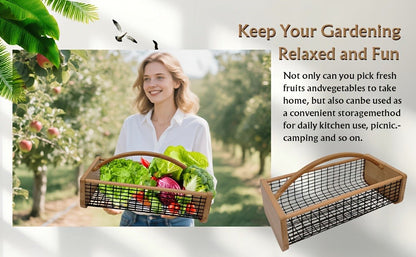 Garden Harvest Basket with Metal Mesh Body, Wooden Ends, Carry Handle and Small or Large Black Options