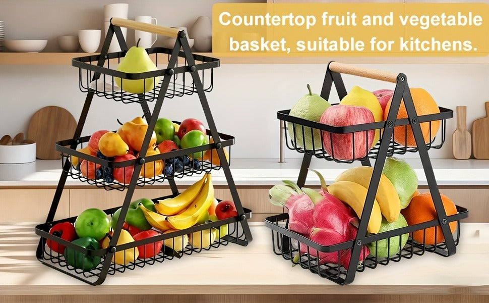 Tiered Fruit Basket with Removable Wooden Handles – 2 or 3 Tier Metal Kitchen Counter Organizer for Produce, Bread & Snacks