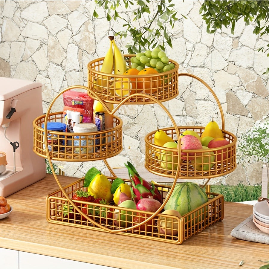 Wire Fruit Stand 3-Tier Golden Metal Basket | Large Capacity Kitchen Counter Organizer for Fruits Vegetables Bread Snacks Produce