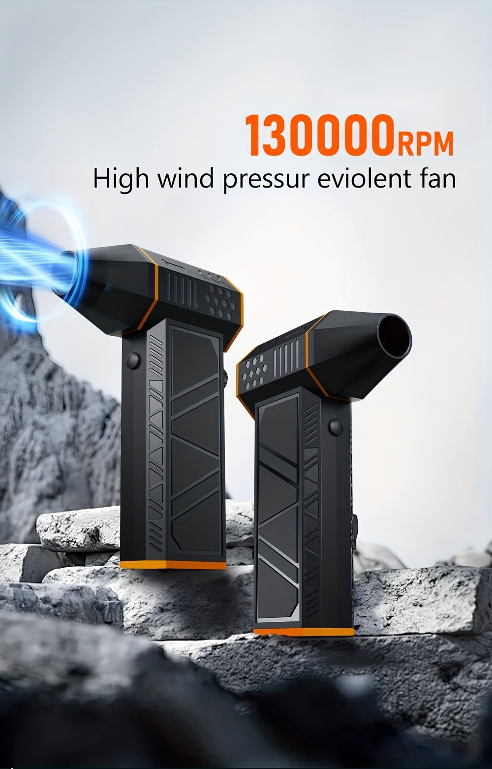 Electric Air Duster 130000RPM Rechargeable Handheld Blower, 3-Speed Wireless Turbine Fan for Computer Keyboard, Car & Home Cleaning — Black & Orange