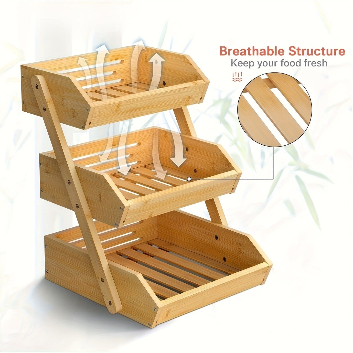 Slatted Countertop Produce Organizer in Two- or Three-Tier Checkout Options with Angled Open-Front Trays