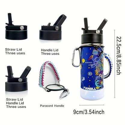 FIANSILL 16oz Stainless Steel Water Bottle with Flip-Up Straw Lid, Wrist Strap, Carabiner and Eight Prints