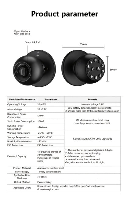 Anti-Peep Keypad Smart Door Knob with App & Passage Mode - Auto-Lock, Keyless Entry, Mechanical Key Backup, Wireless Electronic Door Knob for Bedroom, Home, Hotel & Office, Black