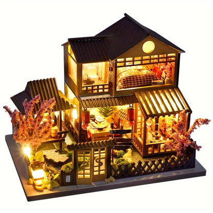 DIY Miniature House Kit – Sakura Garden Villa Wooden Dollhouse with Full Furniture & Accessories, Japanese Cherry Blossom Style, Creative Craft Gift for Adults Teens Women