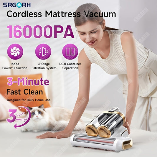 Mattress Vacuum Cleaner Handheld Bed Cleaner – 16KPa Strong Suction with UVC Light & Hot Air Heating, Deep Clean for Pillows, Sofa, Crib & Pet Hair, Double Cup Design, White or Purple