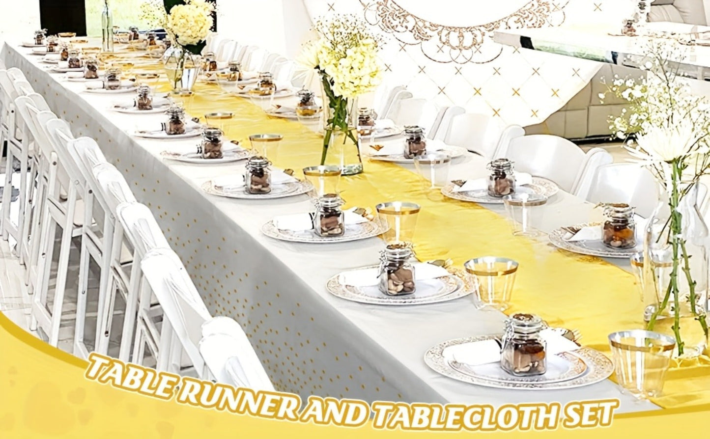 White and Gold Party Tablecloth and Runner Set, 10 Pieces with Five Covers and Five 12 x 108 Inch Runners