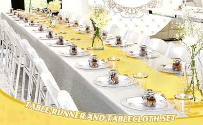 White and Gold Party Tablecloth and Runner Set, 10 Pieces with Five Covers and Five 12 x 108 Inch Runners