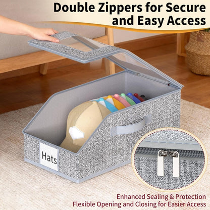 3-Pack Stackable Hat Organizer Box for Baseball Caps with Clear Window Lid, Foldable Cap Storage Holder for Closet Bedroom Shelf