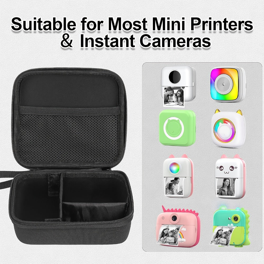 Mini Printer Carrying Case with Zippered Hard Shell, Mesh Pocket and Wrist Strap in Black Pictured