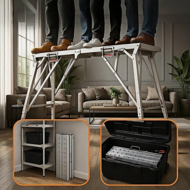 Aluminum Work Platform Height Adjustable Folding Portable Scaffold Bench Wide Base Safety Railing for Home Renovation RV Cleaning Window Painting 3 Sizes