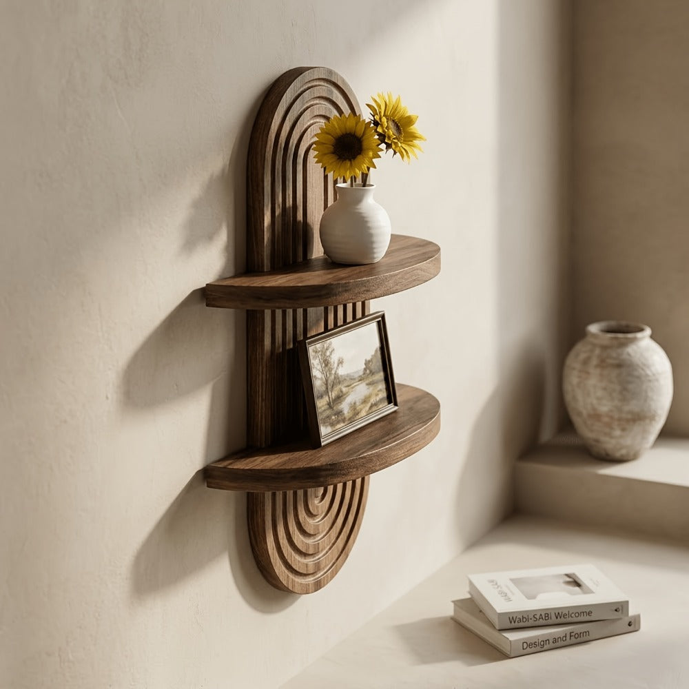 Two-Tier Bohemian Rainbow Arch Floating Wall Shelf in Log Color with Solid-Wood Display Platforms