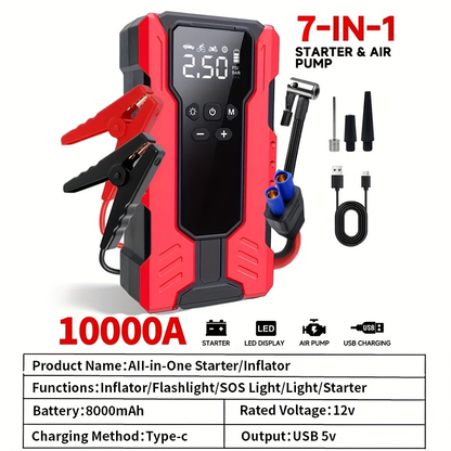 10000A Car Jump Starter with 12V Clamps, LED Light and Optional Integrated Air Pump in Red, Green or Gray