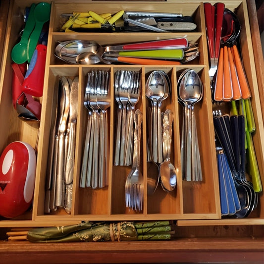 Cutlery Tray Kitchen Organizer Expandable Bamboo Drawer Divider with 5-Slot, 9-Slot or Two-Pack Options