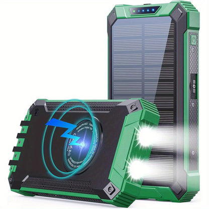 42800mAh Solar Power Bank Wireless Charging with 4 Built-In Cables – 6 Output Ports 15W Fast Charge Dual LED Flashlight Portable Battery Pack for iPhone Samsung Android Camping Travel Emergency