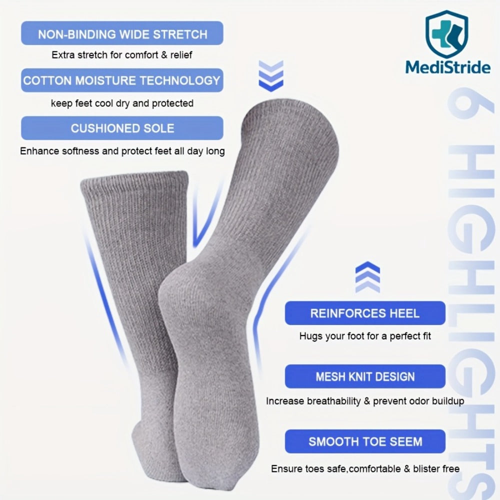 12-Pair Crew-Length Diabetic Sock Set in Six Colors with 9-11, 10-13 and 13-15 Size Options