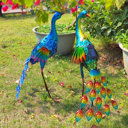Solar Peacock Garden Statue with Blue Metal-Look Body, Hollow Feather Panels and Flickering Tail LEDs