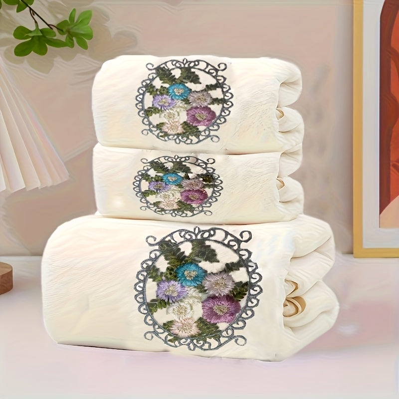 Towel Set 3-Piece Embroidered Flower Bath and Face Towels in White, Blue, Pink or Gray for Home and Guest Use