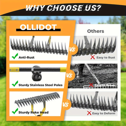 15-Inch Garden Thatch Rake with Curved Metal Teeth and 55- or 70-Inch Sectional Handle Options