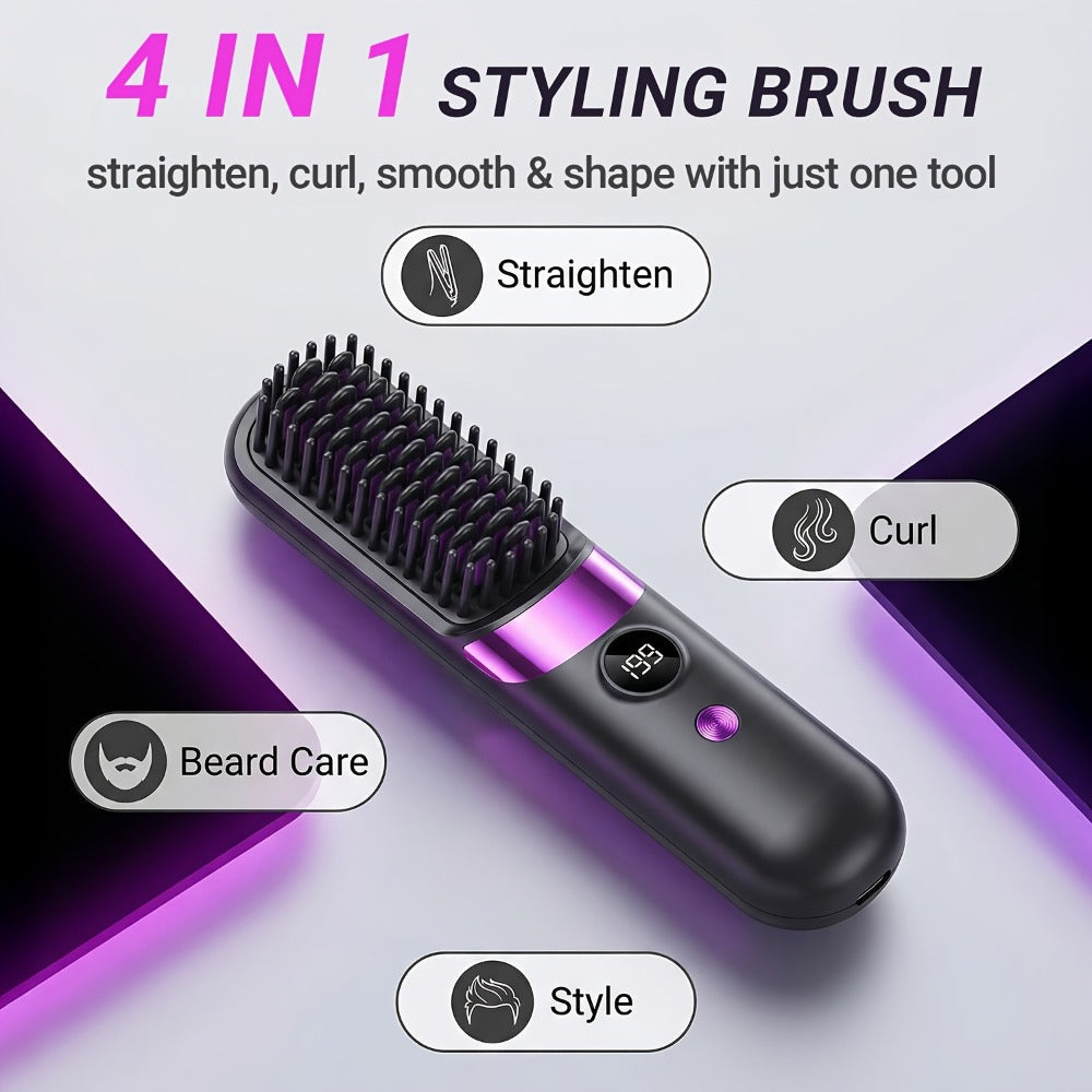 Ionic Hair Straightener Brush USB-C Rechargeable 3-in-1 Straightener Curler Styler — Adjustable Temperature, Anti-Scald Bristles, Frizz Control & Shine Boost, Salon Results at Home for All Hair Types