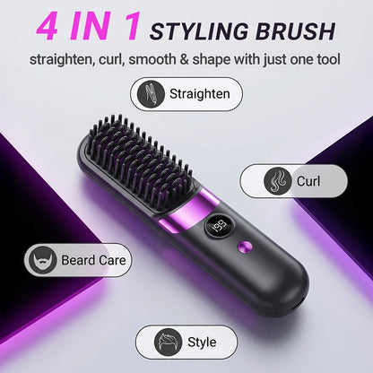 Ionic Hair Straightener Brush USB-C Rechargeable 3-in-1 Straightener Curler Styler — Adjustable Temperature, Anti-Scald Bristles, Frizz Control & Shine Boost, Salon Results at Home for All Hair Types
