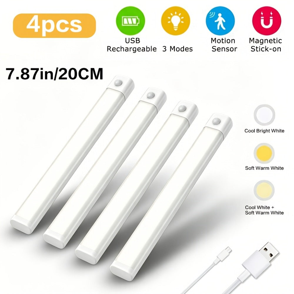 Motion Sensor LED Cabinet Light 4 Pack USB Powered - 3 Color Modes, Wireless Under Cabinet Lighting Bar