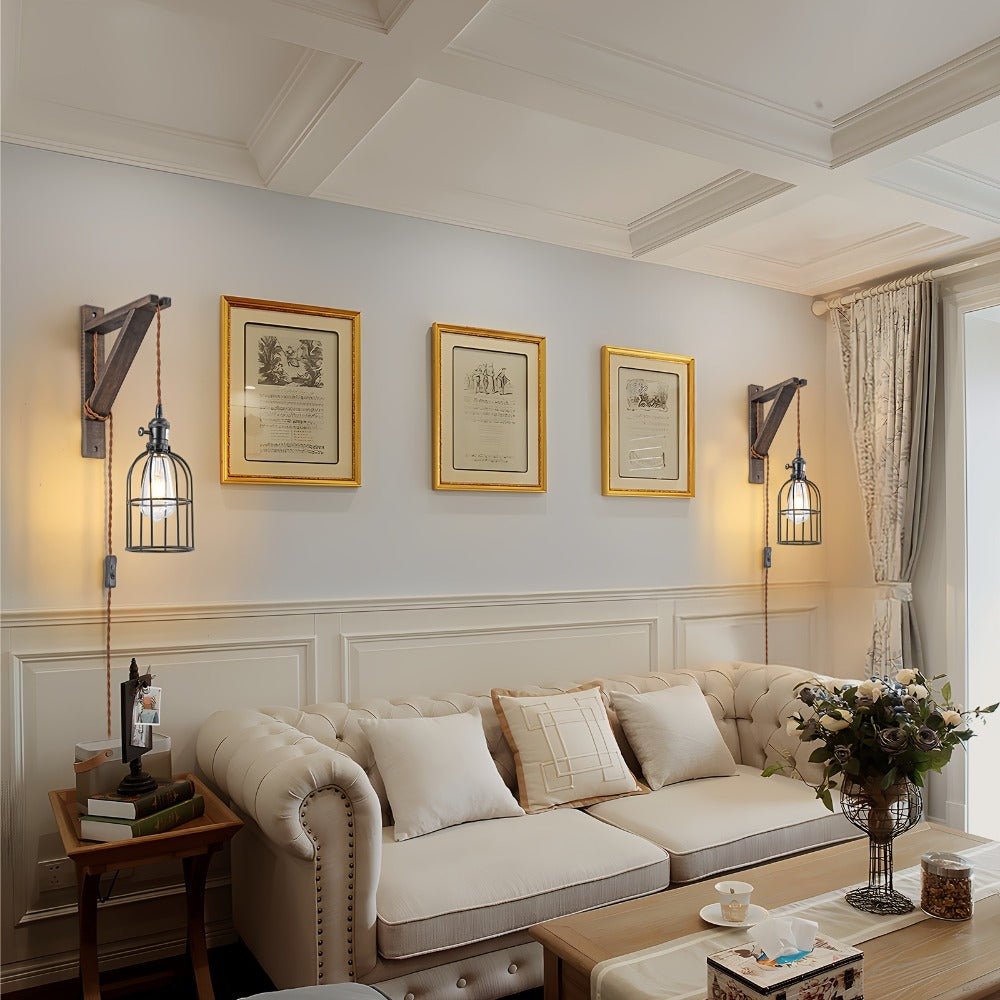 Plug-In Cage Wall Sconce with Wooden Bracket, 250 cm Cord and Single or Two-Piece Farmhouse Options