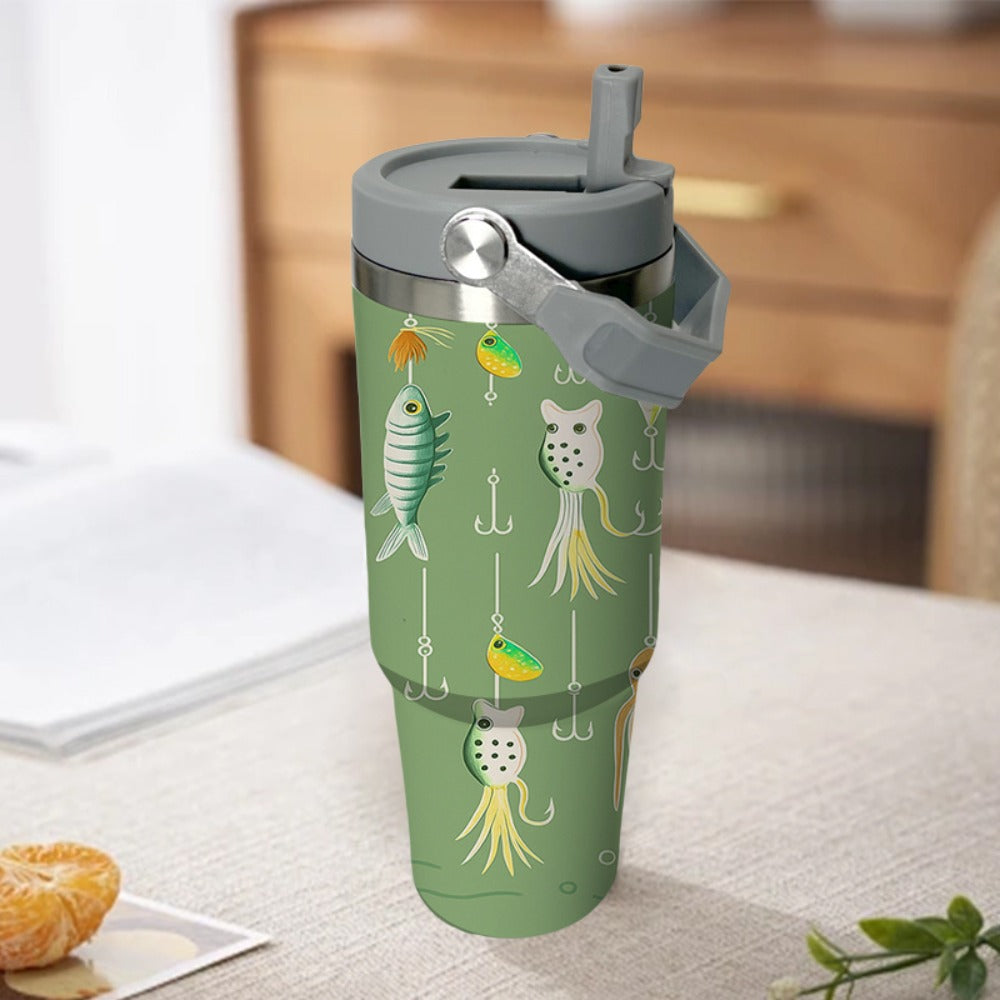 30oz Green Fish-Print Travel Mug with Carry Handle, Straw Lid and Tapered Cup-Holder Base Design