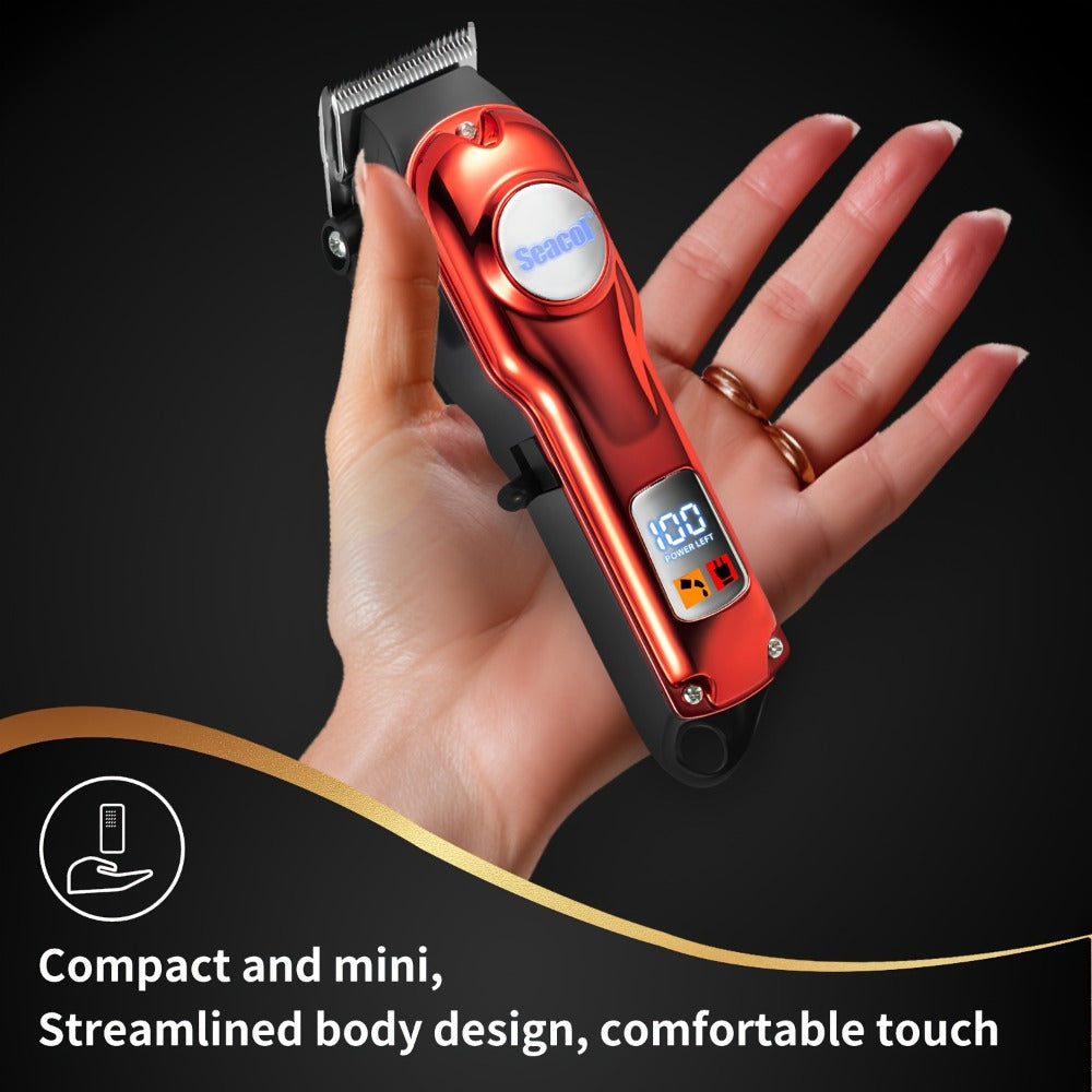 Hair Clipper Seacol Red Cordless Trimmer with LCD Display, USB Charging, Four Guide Combs and 120-Minute Runtime